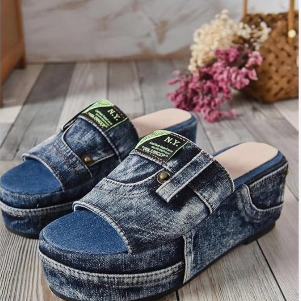 Women’s Denim Cloth Mule Open Toe Platform Slippers
